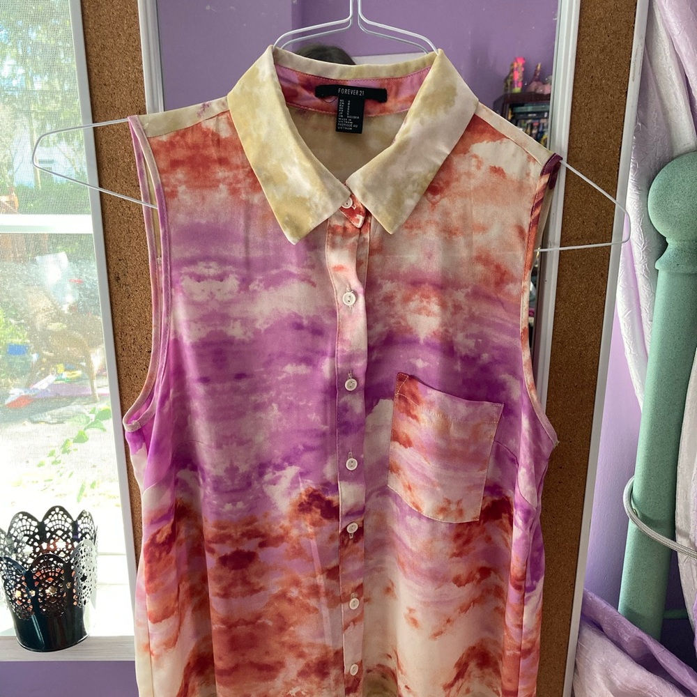 - **Forever 21** Tie Dye Sunset Clouds Collared shirt A line Top